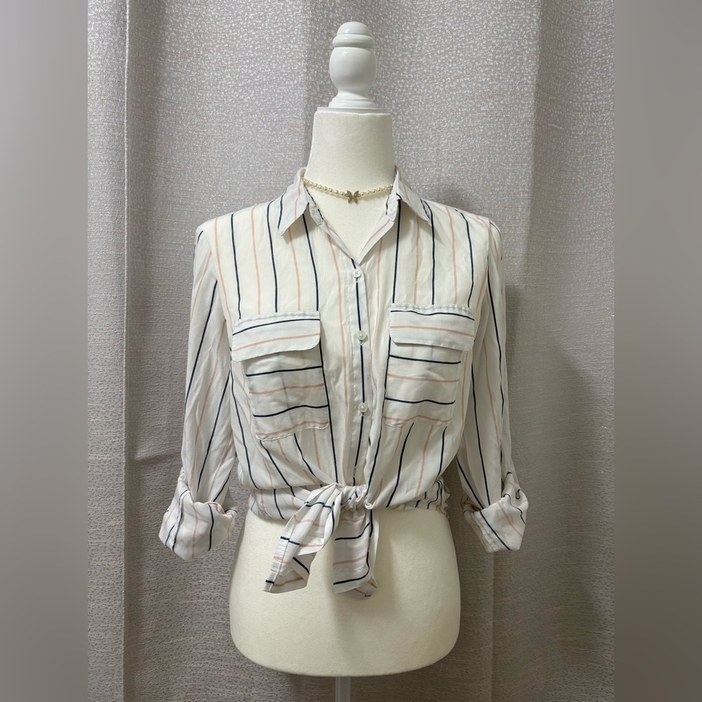 Express White Striped Button-Down Tie Front Shirt